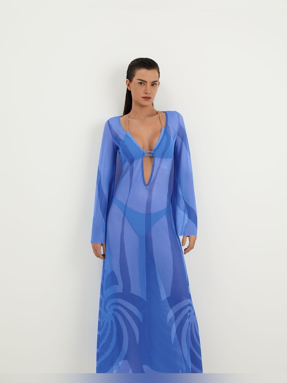 NEW Caroline Constas Sheer Cover Up Maxi Dress Kaftan Blue Medium NWT